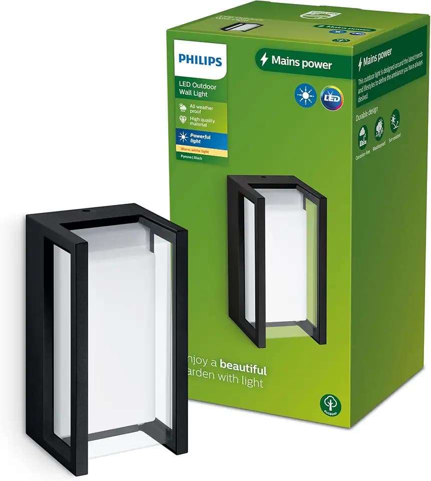 PHILIPS Outdoor Pyrona Wandleuchte 12W, 2700 Kelvin warmweißes Licht, IP44 wetterfest, schwarz