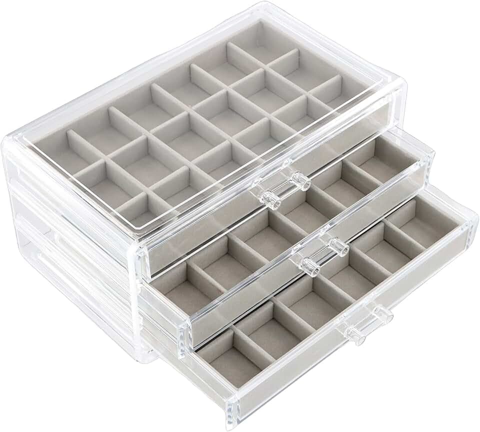 Acryl Schmuckschatulle mit 3 Schubladen Ohrring Aufbewahrungs Schmuckkästchen für Damen, Schmuckschatulle Mädchen Ohrringe Aufbewahrung, Schmuck Organizer für Ohrringe Ringe Halsketten