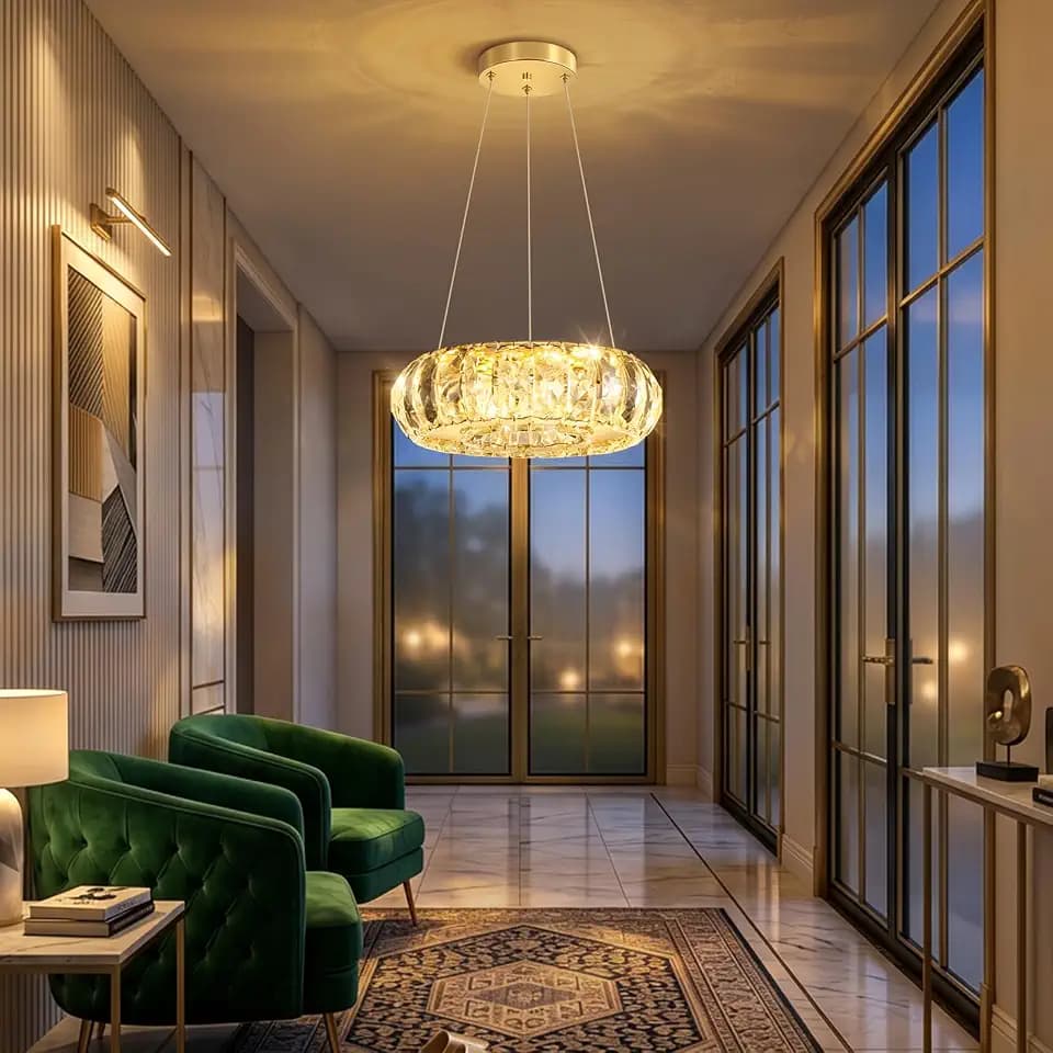 HAIXIANG Crystal Round Chandelier Modern LED Dining Pendant Lights for Kitchen Island Dining Room Remote Dimmable Hanging Light Entrance Bedroom Lighting Gold