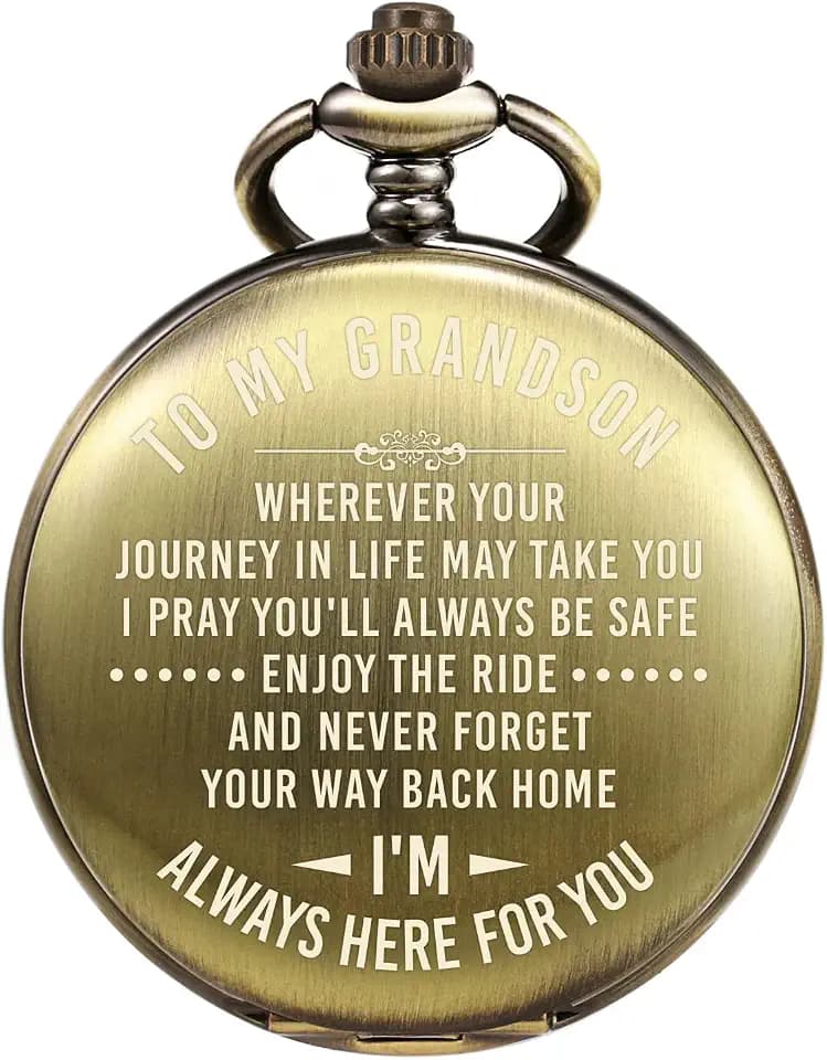 TREEWETO Mens Engraved Pocket Watch Gifts from Grandpa Grandma, Unique Birthday Gift Ideas for Grandson, Graduation Gifts for Him, Present for Men