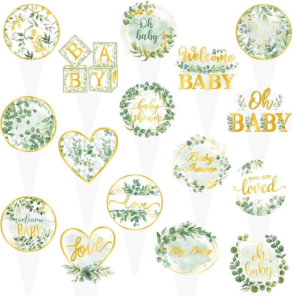 Sage Green Baby Shower Cupcake Toppers 48PCS Greenery Eucalyptus Leaves Cake Decorations for Gender Neutral Boho Woodland Party Oh Baby Shower Cupcake Picks Welcome Baby Party Supplies