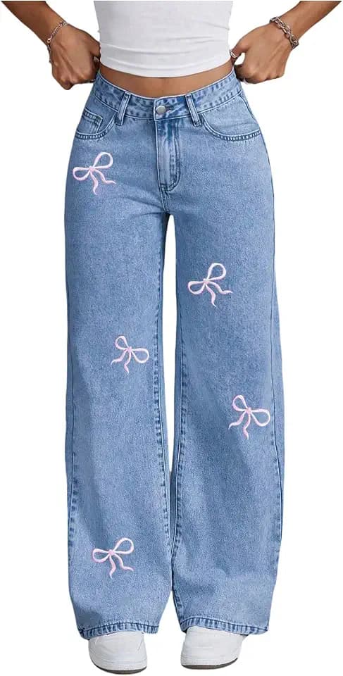 WDIRARA Girl's Bow Embroidered Baggy Jeans High Waisted Straight Leg Denim Pants
