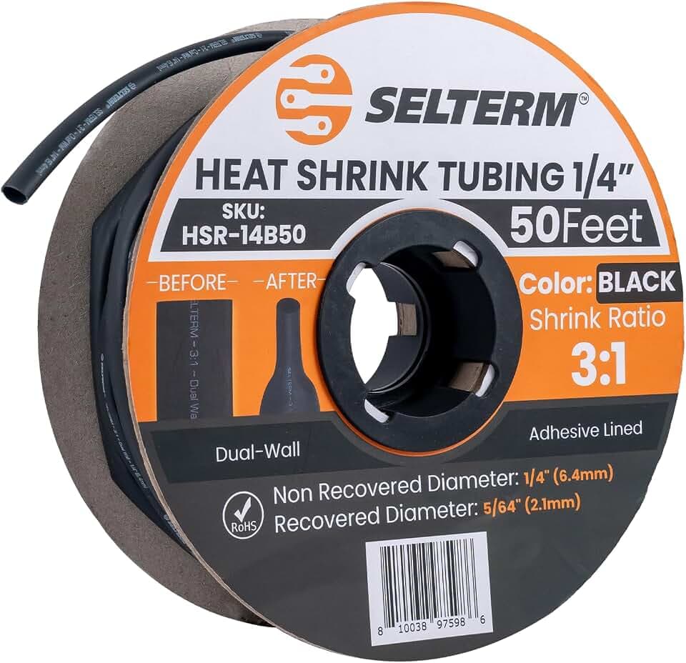 SELTERM 1/4" Black [50 Feet] Marine Grade 3:1 Ratio Heat Shrink Tubing Roll