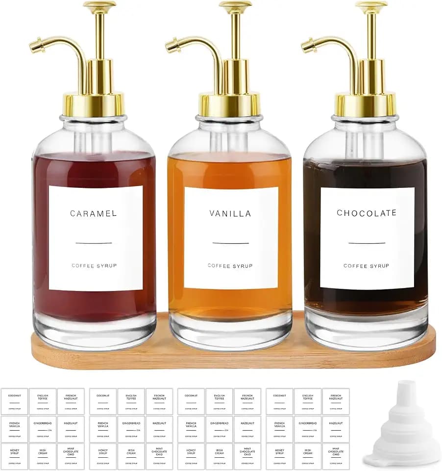 Sunal Kaffee Sirup Spender,Set of 3 Glas Sirup Spender,500ml/16,9 oz Golden Honig Pump Flasche mit 36 Wasserdichten Etiketten,1 Tray und 1 Silikon Trichter für Küche Kaffee Bar