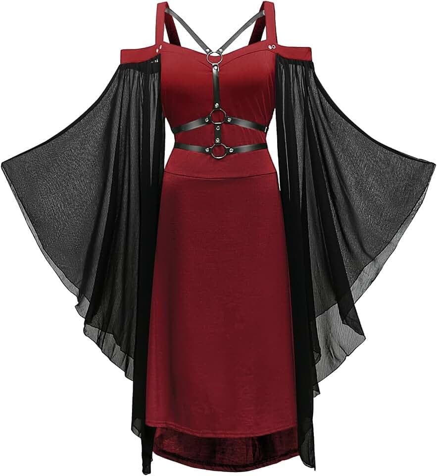 Gothic Kleid Damen Vintage Schwarz Mittelalterliches Kleid mit Trompetenärmeln Gebundene Taille Kleid Halloween Karneval Kostüm für Frauen