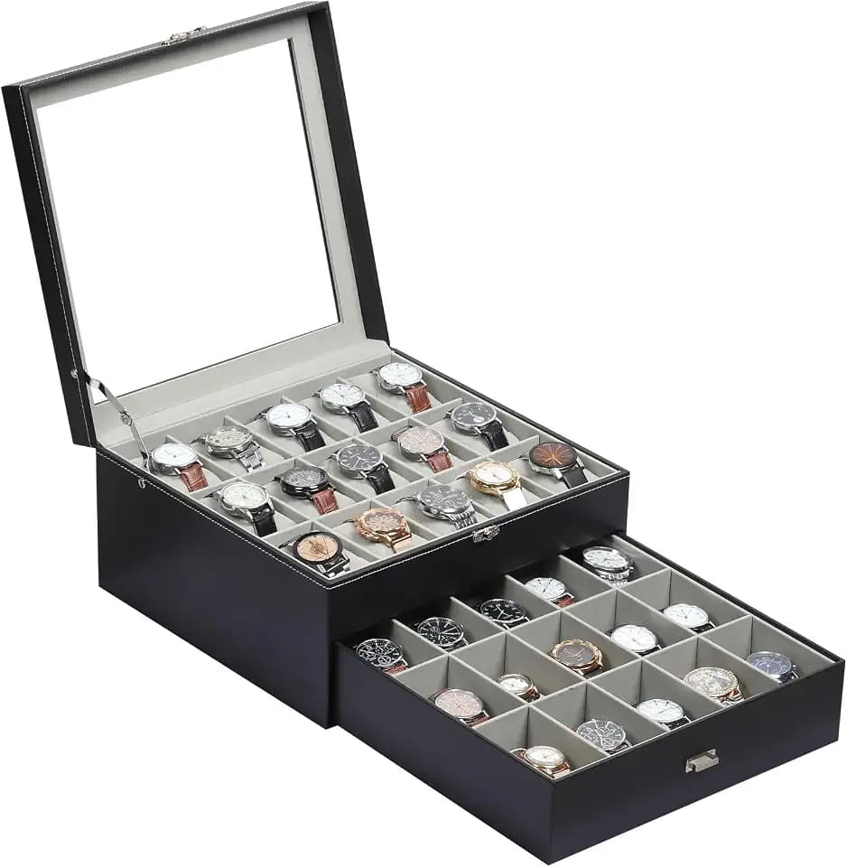 AUTOARK Watch Box Organizer,2 Layers Holds 30 Watches & Jewelry,Black,AW127