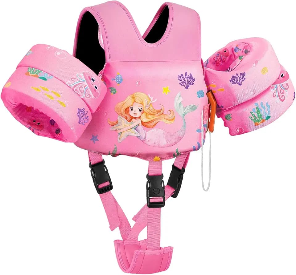 MoKo Toddler Swim Vest for 15-30-50-66 lbs, Boys Girls Swim Puddle Arm Floaties Cartoon Swimming Water Wings with Crotch Strap, Pool Floats Jacket Sleeves Shoulder Straps Arm Band for Toddler