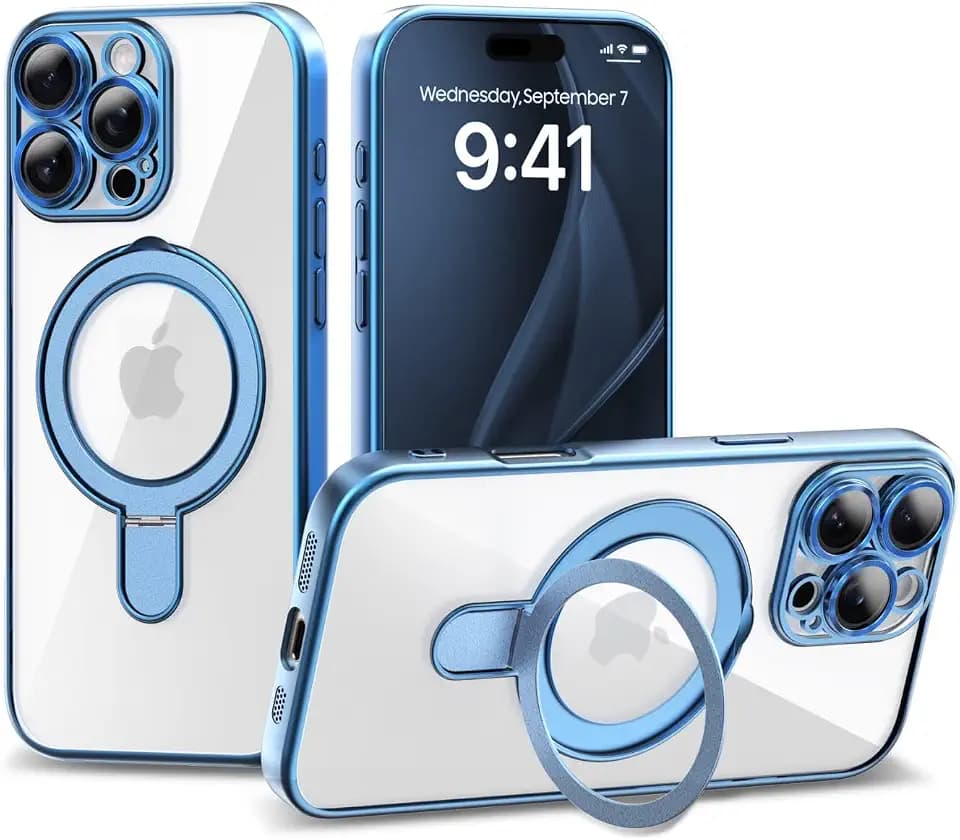 IAIYOXI Magnetic Invisible Stand for iPhone 16 Plus Case 6.7" [Compatible with Magsafe], Full Body Protective Cover, Slim Clear Cover with Holder for Women Men Girls, Blue