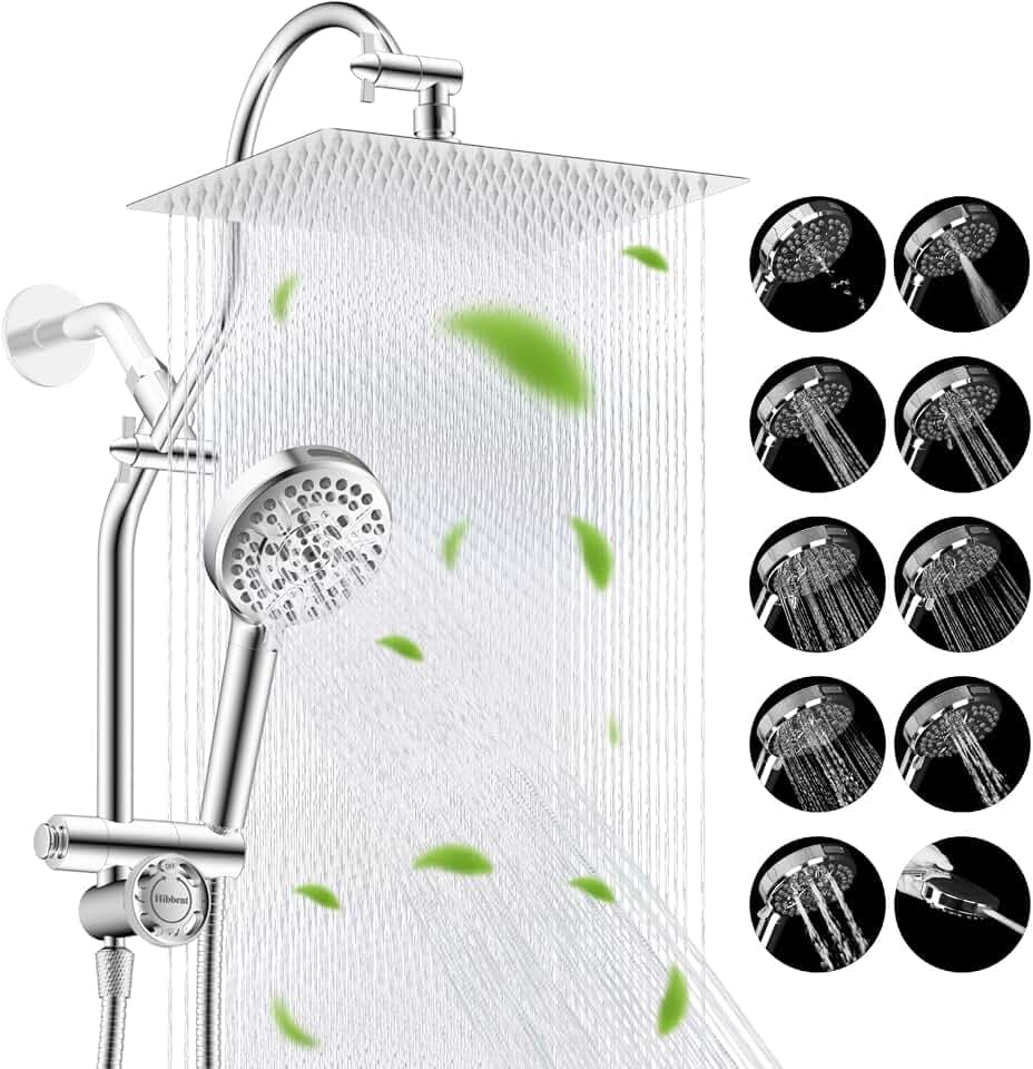 Hibbent High Pressue All Metal 12" Rainfall Shower Head, Handheld 10-Spray