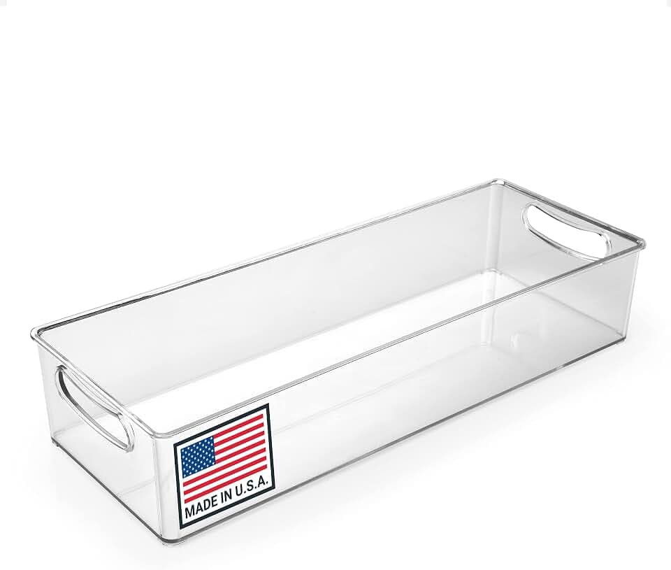 Pikanty Clear Refrigerator Organizer Bin with Handles — 15 Inch Stackable Fridge and Pantry Storage Container for Snacks, Produce, Cans, Yogurt, Condiments, Dishwasher and Freezer Safe, Made in USA