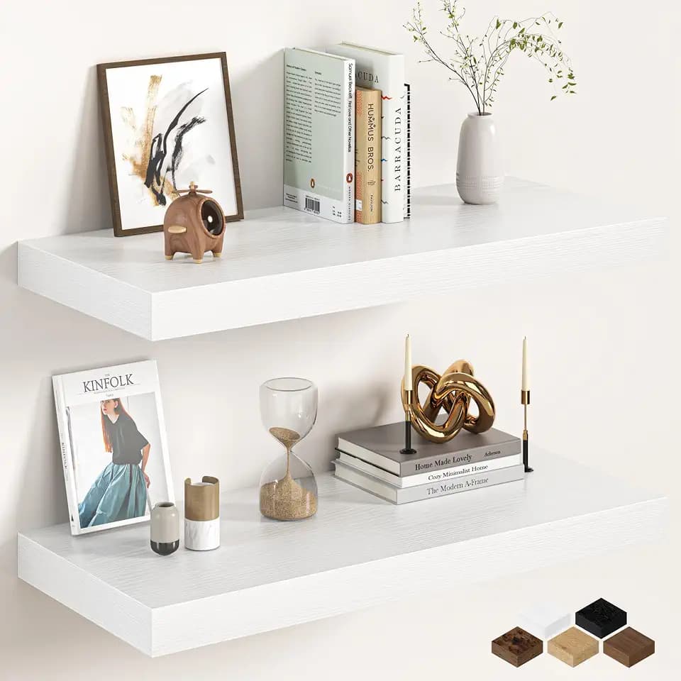 32Inch White Floating Shelves for Wall, 12 Inch Deep Shelves for Bedroom, Kitchen, Bathroom Wall Mounted, Rustic Wood Floating Shelf with Invisible Brackets for Books, Storage, Decor, 2 Packs