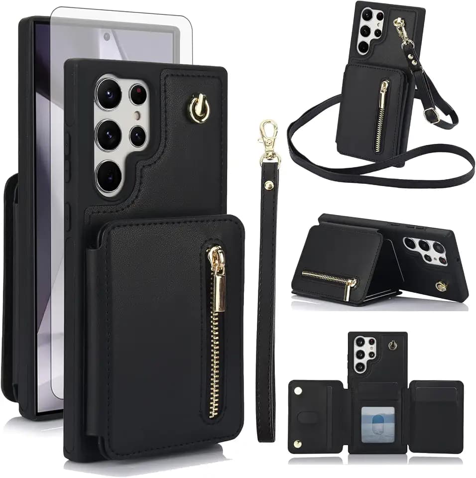 Asuwish Phone Case for Samsung Galaxy S24 Ultra 5G RFID Wallet Cell Cover with Tempered Glass Screen Protector Crossbody Strap Credit Card Holder Slot Stand S24Ultra 24S S 24 24Ultra Women Men Black