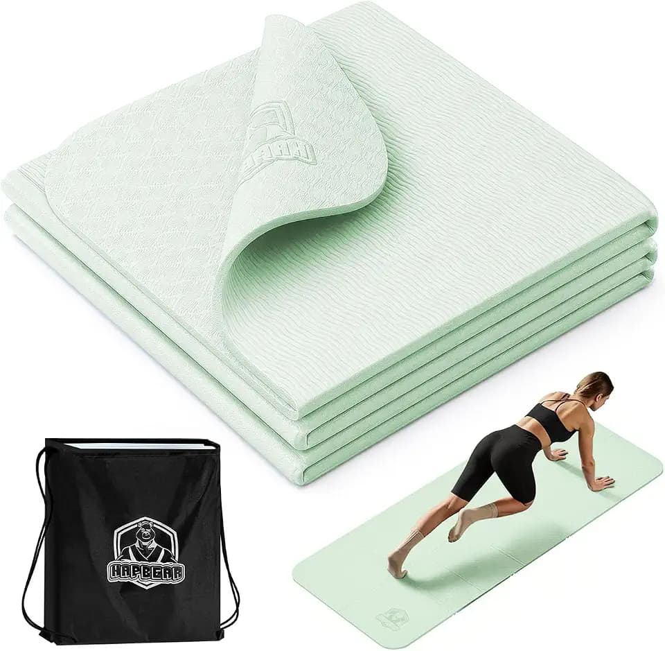 HAPBEAR Reise Yogamatte faltbar 183x61x0,6cm – rutschfeste TPE Yogamatte klappbar mit Tragetasche, leicht & platzsparend für Yoga, Pilates, Fitness & Home Workout