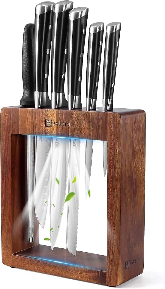PAUDIN Messerblock Set, Messerset 7-teilige, Messerset mit Messerblock, Scharfes Küchenmesser Set mit Holzblock, Profi Messer Set mit Kochmesser Brotmesser aus Hochwertigem Edelstahl und ABS Griff