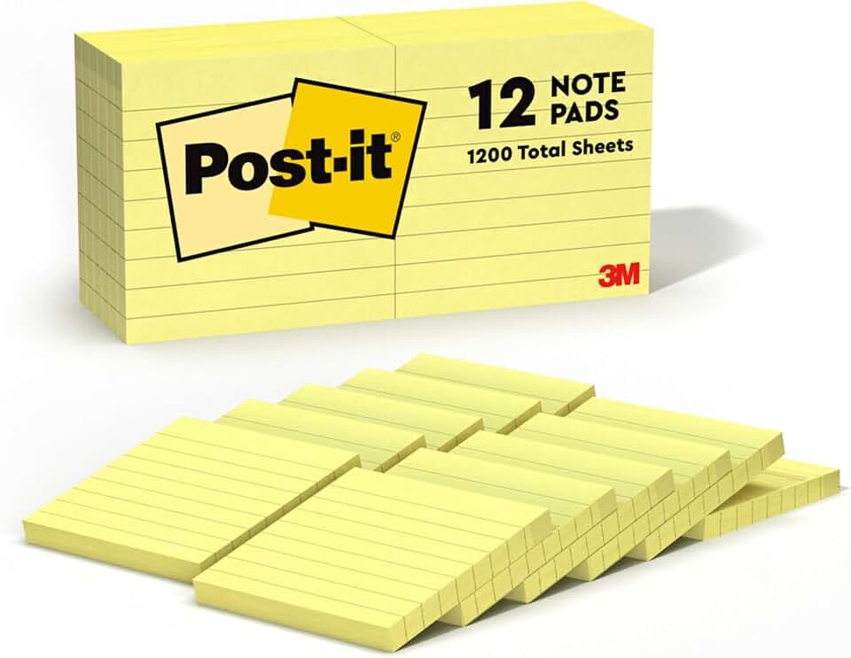 Post-it Notes, 3 x 3 in, The Iconic Canary Yellow Note, 12 Lined Pads