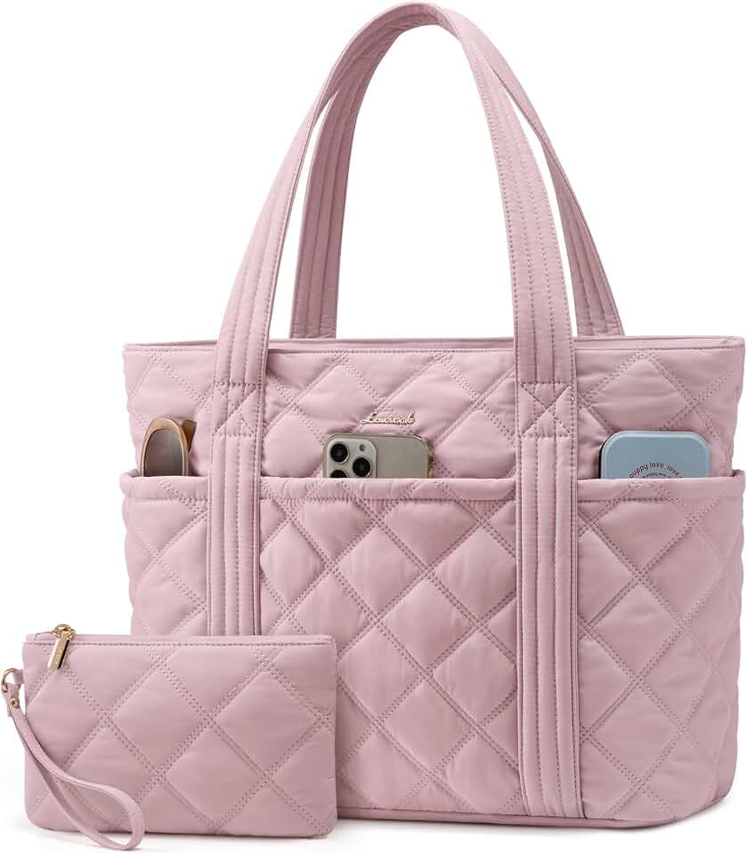 LOVEVOOK Handtasche Shopper Tasche Damen Mittelgroß, Leicht Puffer Tote Bag Arbeitstasche Schultasche mit 15,6 Zoll Laptopfach, Elegant Lehrertasche Handbags Women für Uni Büro Arbeit Reisen, Rosa