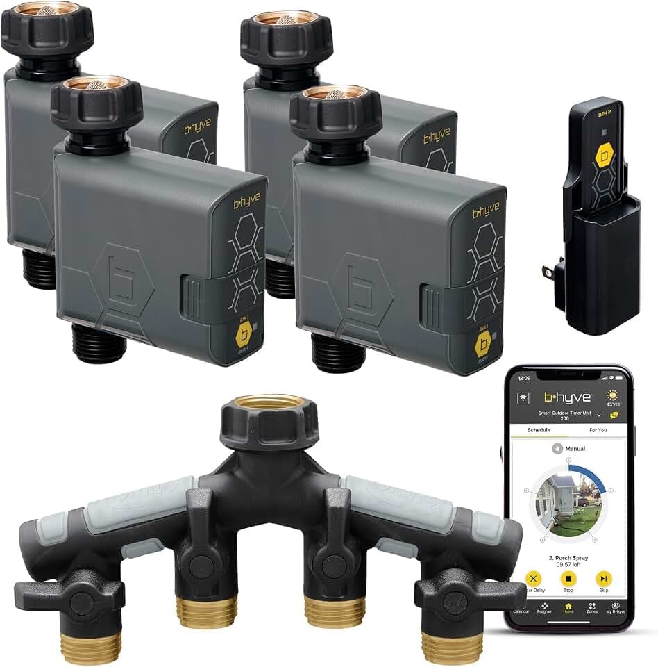 Orbit 21207 B-hyve Gen 2 Smart Hose Watering Timer, 4-Pack with Wi-Fi Hub and Hose Y Splitter