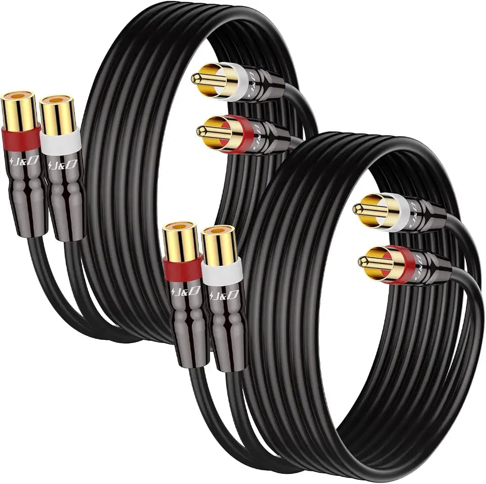 J&D 2 RCA M/F Stereo Audio Cable, 2-Pack Copper Shell Gold-Plated 2 RCA Extension Cable Male to Female Stereo Audio Extender Cord Adapter, 3 Feet