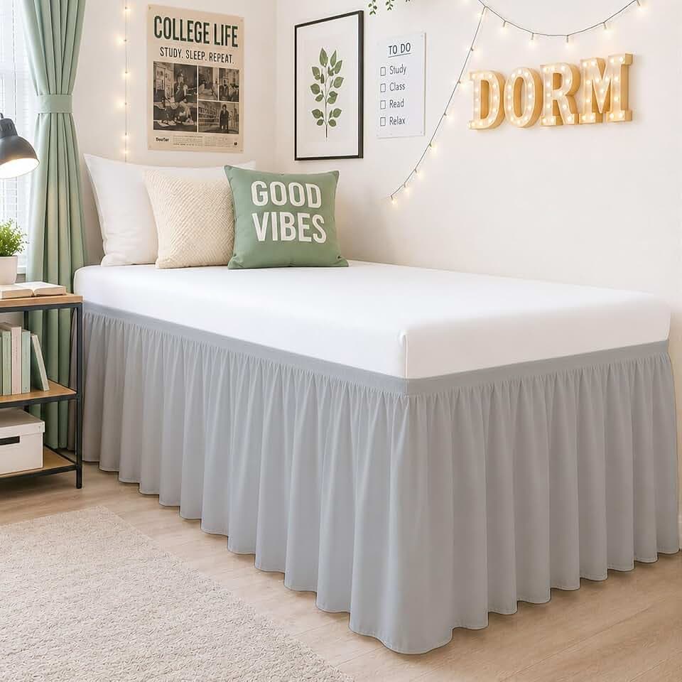 Cottington Lane Twin XL Dorm Bed Skirt 32 Inch Drop, Extended Ruffled College Dorm Bed Skirt, Wrap Around Dust Ruffle, Premium Brushed Microfiber Extra Long Bed Skirt for Twin XL Dorm Beds, Light Grey