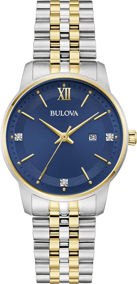 Bulova Ladies Classic 3-Hand Diamond Quartz Two Tone Stainless Steel Watch, Blue Dial Style:98P233