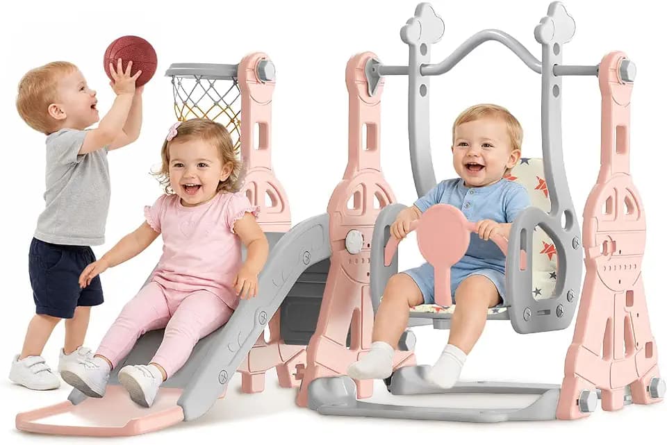 BIERUM Toddler Slide & Swing Set, 4-in-1 Baby Slide for Indoor/Outdoor