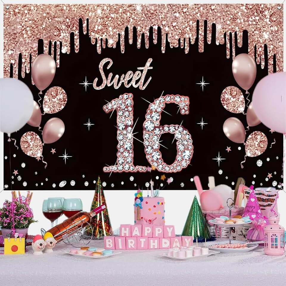 Sweet 16 Geburtstag Dekoration für Mädchen, Party Dekoration Schwarz und Roségold Stoffschild Hängeposter, 16. Geburtstag Hintergrund Banner Party Willkommensschild