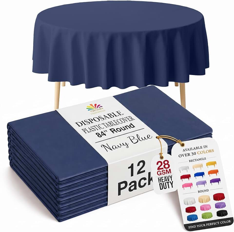 Exquisite 12-Pack Premium Plastic Tablecloth Pack of 12 Premium Plastic Tablecloth 84 Inch Round Table Cover - Navy Blue