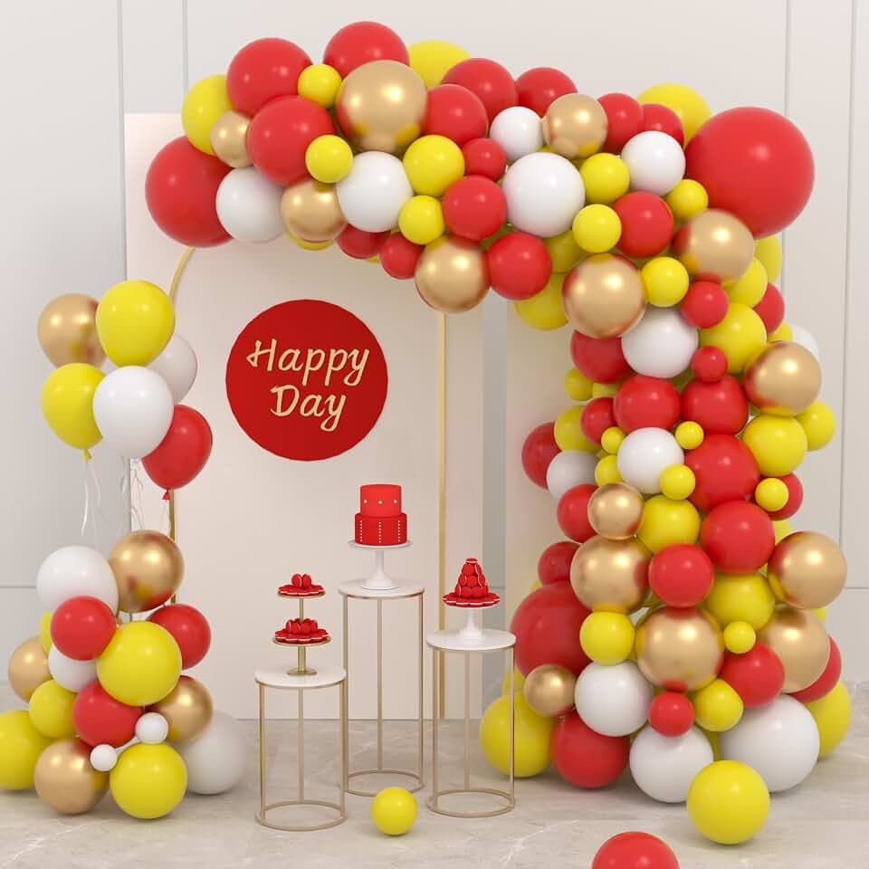 Red Yellow White Balloon Garland Arch Kit, 142PCS Yellow White and Red Balloons Metallic Gold Balloons for Crawfish Theme Birthday Wedding Engagement Anniversary Graduation Beer BBQ Party Decorations