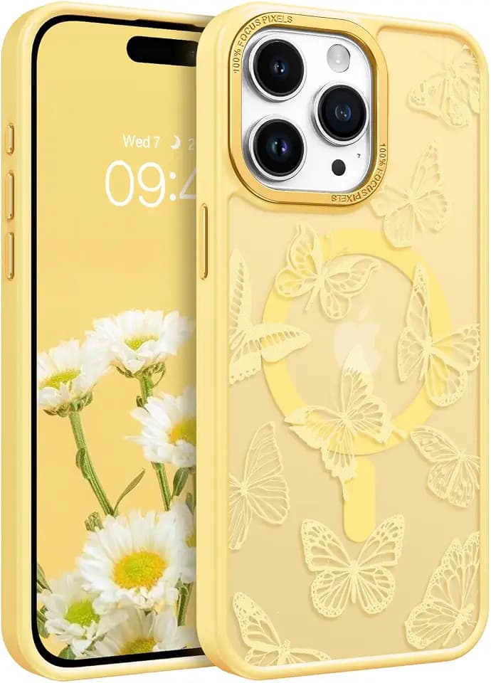 BENTOBEN Magnetic for iPhone 15 Pro Case,Cute Butterfly Pattern [Compatible with MagSafe] Translucent Matte Slim Women Girl Men Boys Thin Shockproof Protective Cover Case for iPhone 15 Pro 6.1",Yellow