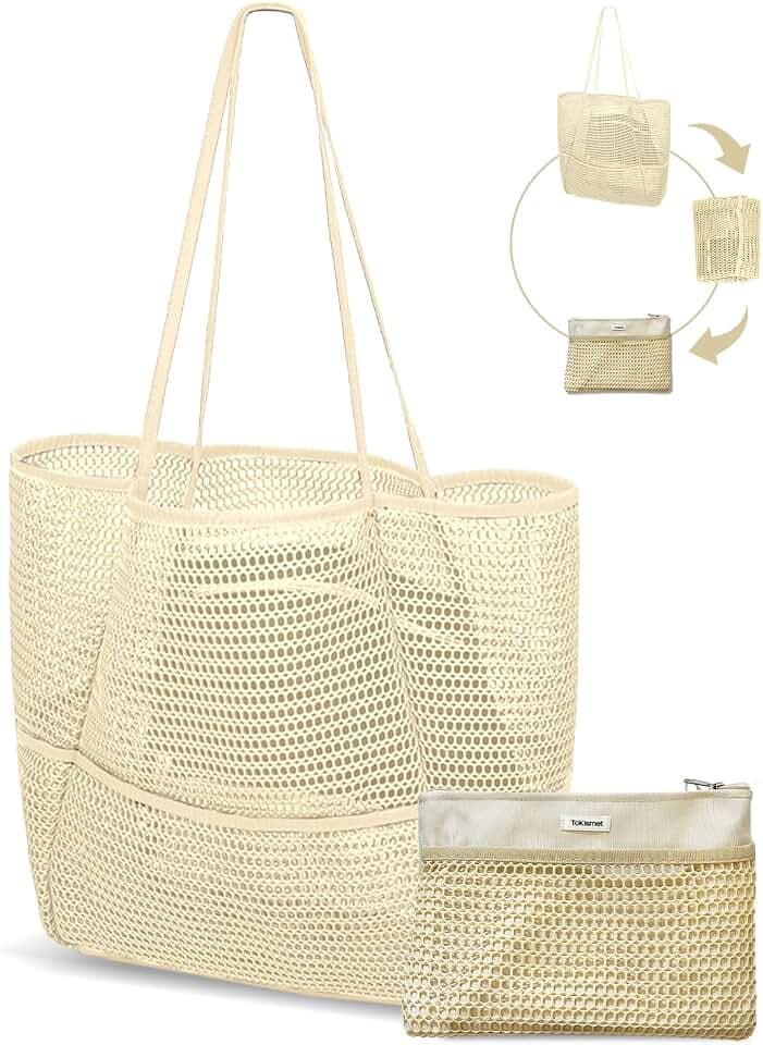 Mesh Beach Tote Bag for Women, 2-in-1 Large Lightweight Foldable Design