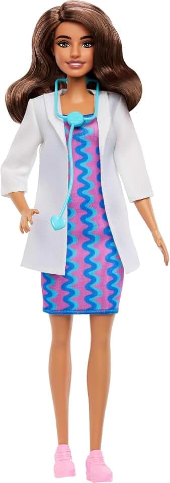 Barbie Karriere Ärztin-Modepuppe mit Abnehmbarer Kleidung, weißem Arztkittel, Kleid und Schuhen sowie Stethoskop, JKF76