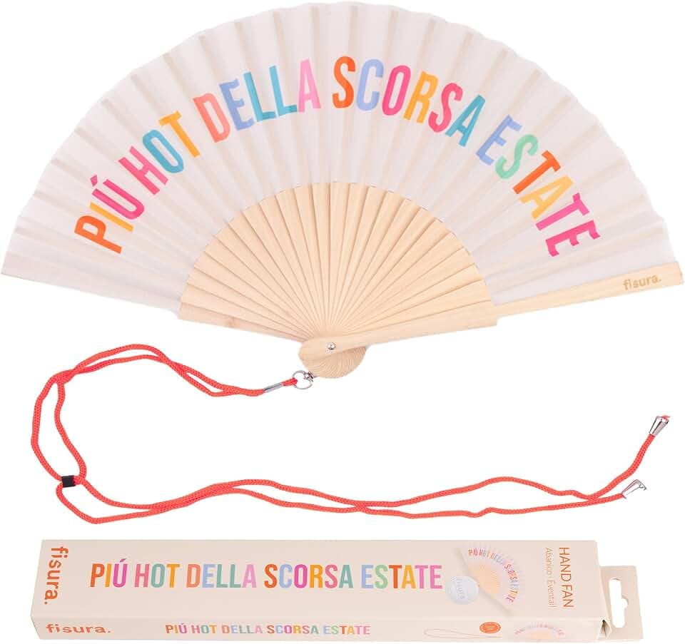 Fisura – Handfächer aus Holz mit der Aufschrift "Più hot della scorsa estate“. Trendiges, stilvolles Accessoire in Beige, tragbarer Ventilator mit praktischem Aufhänger. Maße: 42,5 x 23 cm
