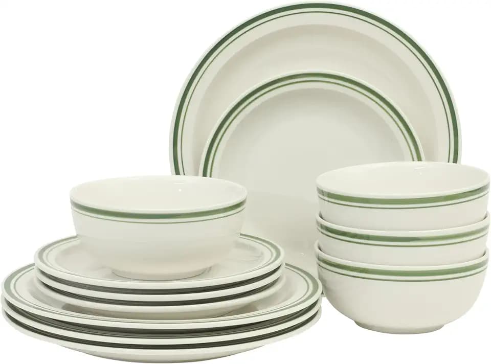 Gibson Home Hometown Diner 12-Piece Porcelain Dinnerware Set, Round Plates and Bowls Set for 4, White with Green Rim, Dishwasher Safe – Dinner Plate, Salad Plate & Cereal Bowl