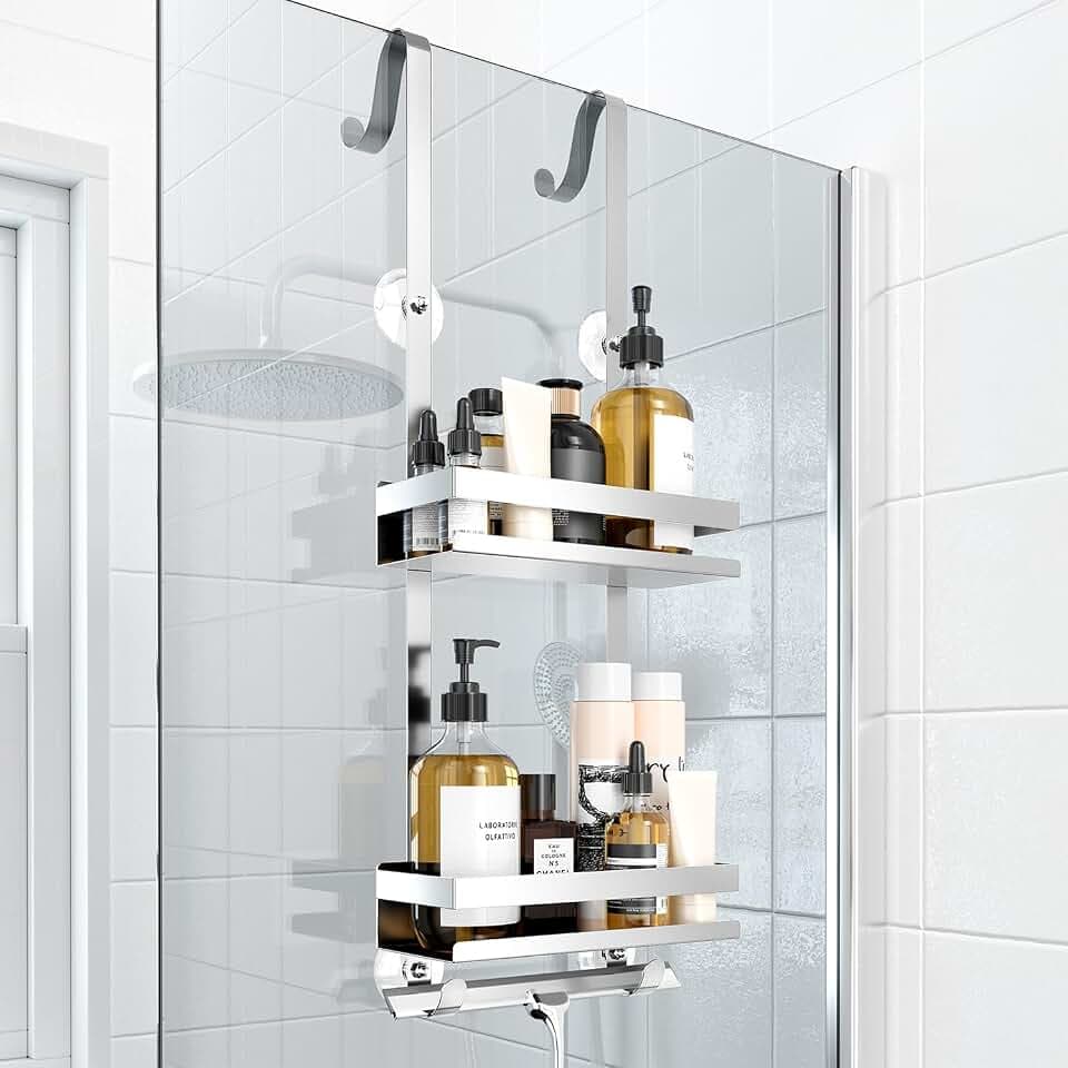 Duschablage ohne Bohren Badezimmer Organizer, Badregal Duschregal ohne Bohren, Duschablage zum Hängen für Glasduschtüren, Duschregal zum Hängen Shampoo Halterung für Dusche Silber
