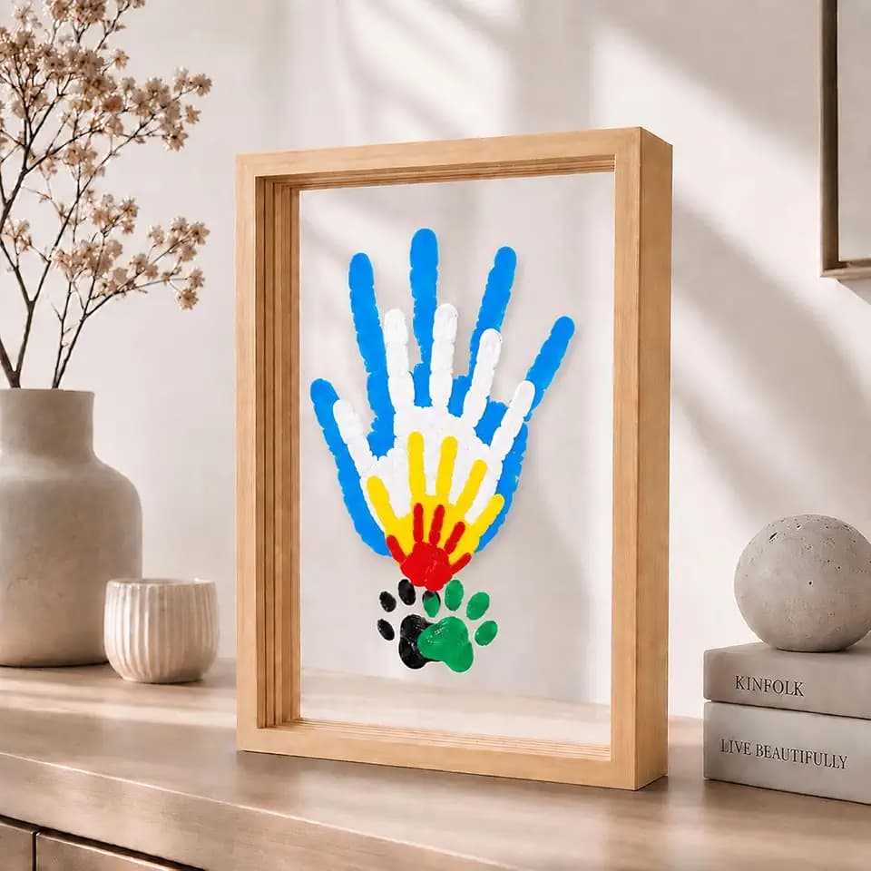 Family Handprint Kit for 4 – Wooden Frame with 4 Acrylic Boards, DIY Keepsake Art for Baby, Pet & Family, Non-Toxic Washable Paint Hand Mold Memory Gift - Brown