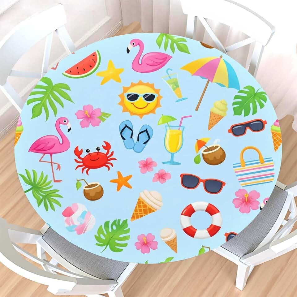 Summer Round Fitted Tablecloth with Elastic Edge,Waterproof Wipeable Reusable Blue Cute Hawaiian Coastal Beach Table Cover for 40-44" Stretch Table Cloth for Dinner Indoor Outdoor Party