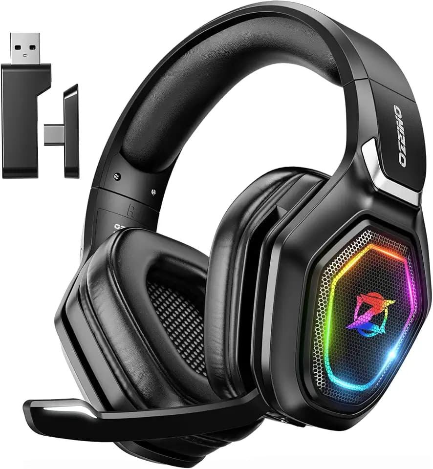 Ozeino Kabelloses Gaming-Headset mit Mikrofon, 2,4 G & Typ-C-Sender, 30 Stunden Akkulaufzeit, RGB-Beleuchtung Gaming-Kopfhörer für PS5, PS4, PC, Telefon