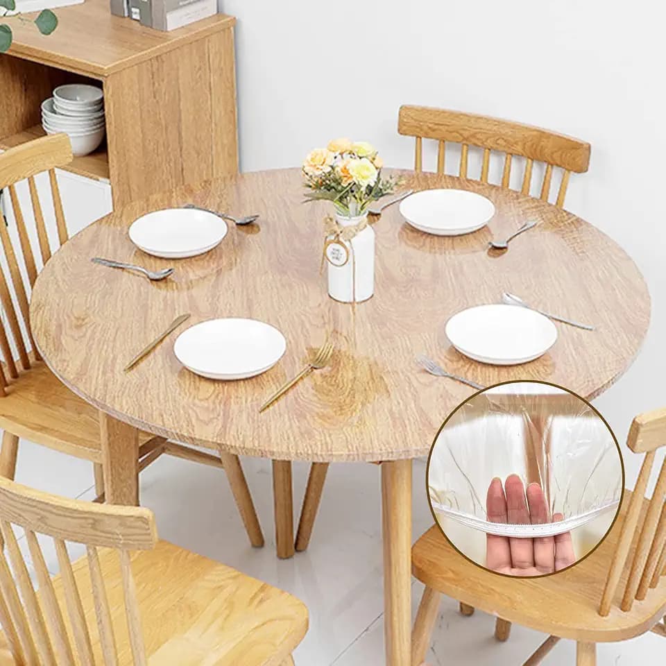 TWUTGAYW 45-55 in PVC Elastic Table Cover, Clear Waterproof Plastic Round Tablecloth, Vinyl Tablecloth Protector for Round Table Durable Reusable Transparent Wipeable Use in Outdoor/Indoor