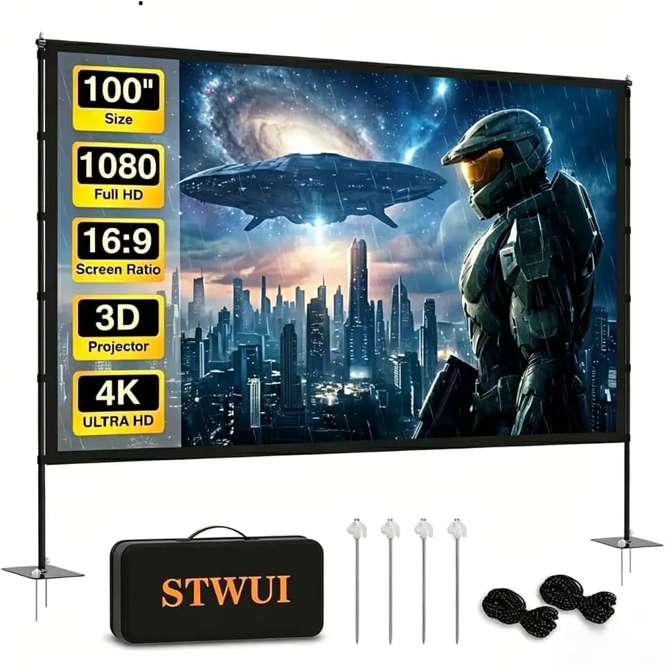 STWUI Outdoor Projector Screen with Stand-100 Inch 16:9 4K HD Portable Projector Screen Outdoor Indoor Front & Rear Projection Screen Lightweight Movie Screen with Carry Bag for Home,Backyard,Camping