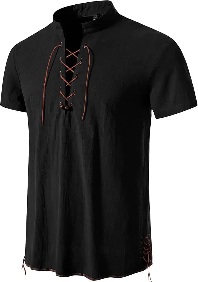 PARKLEES Herren Baumwolle Retro Lace Up Kurzarm Shirts für Renaissance Pirat Wikinger Mittelalter