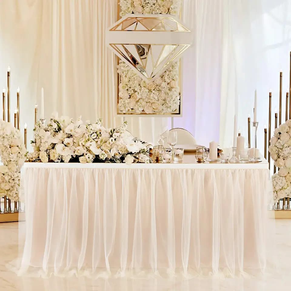 HBBMAGIC Tüll Tischrock Champagner,Tütü Tischröcke Champagner 183 * 76CM, Candy Tisch Tischdecke Tüll für Geburtstag Mädchen Dekoration, Baby Party,Candy Party,Candy Bar,Hochzeit, Ohne LED