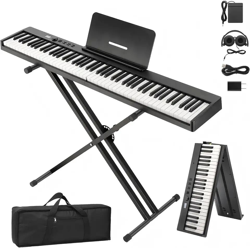 GarveeHome 88-Key Foldable Piano Keyboard - Semi-Weighted Keyboard with Stand, Pedal & Headphones - Bluetooth/USB MIDI Portable Digital Piano for Adult Beginners