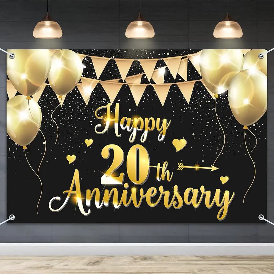 HAMIGAR 6x4ft Happy 20th Anniversary Banner Backdrop - 20 Wedding Anniversary Decorations Party Supplies - Black Gold