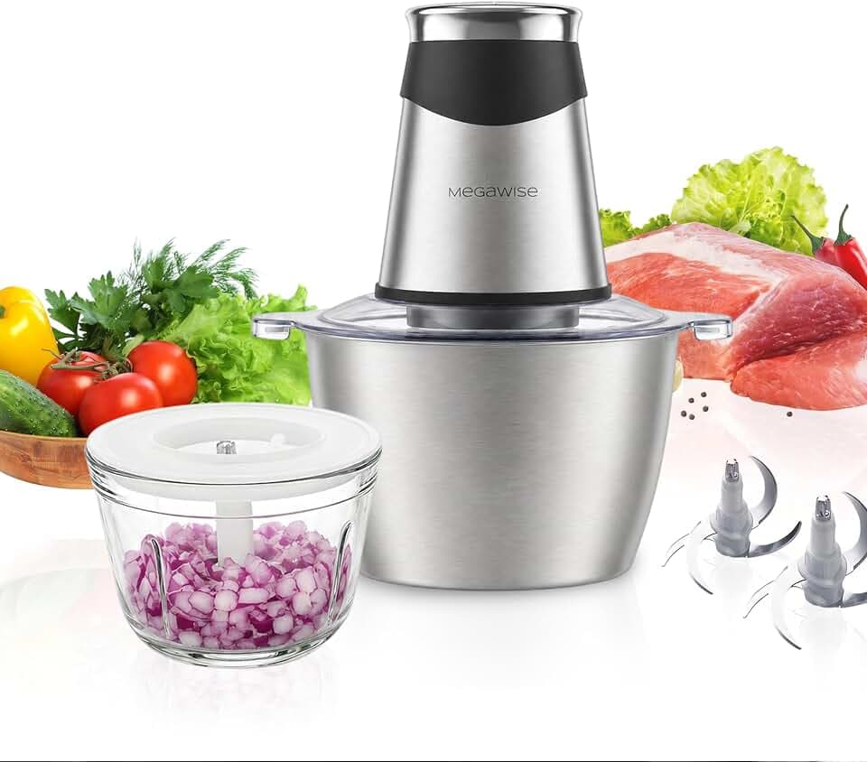 MEGAWISE Food Processor, 800W Electric Meat Grinder with 0.6L Glass Bowl & 1.2L Stainless Steel Bowl, Dual Speed Modes and Bi-Level BladesBlades for Meat, Vegetables, Nuts, Fruits, and Baby Food