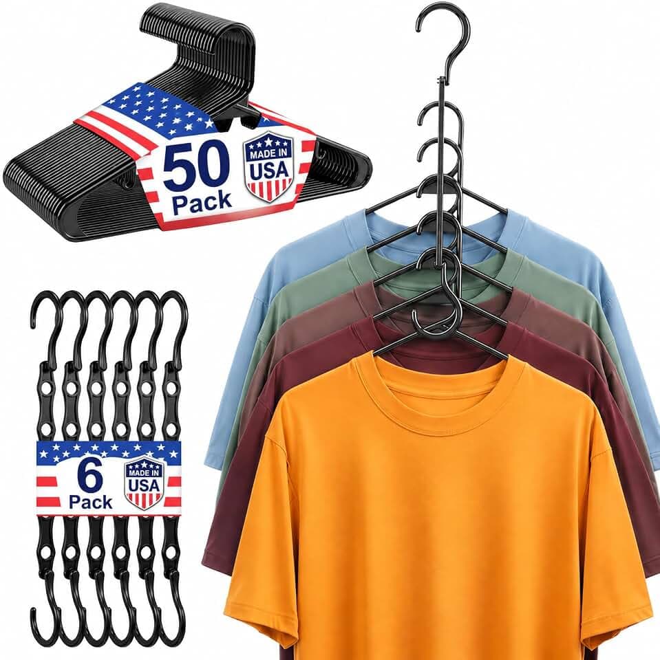 HOUSE DAY Space Saving Hangers 6 Pack with 50 Pack Plastic Hangers, Black