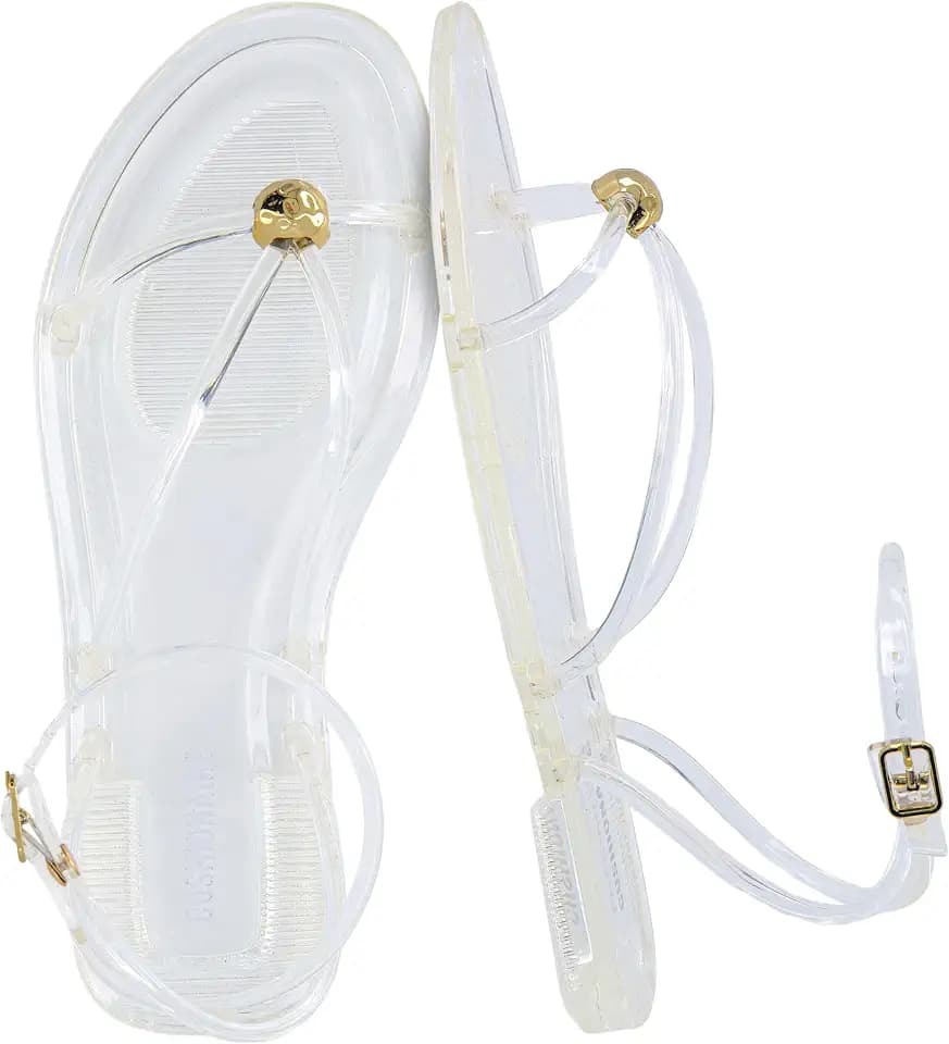 CUSHIONAIRE Vita Jelly Sandals for Women, Casual Lightweight Womens Strappy Sandals with Adjustable Buckle Strap and Gold Hardware Accent