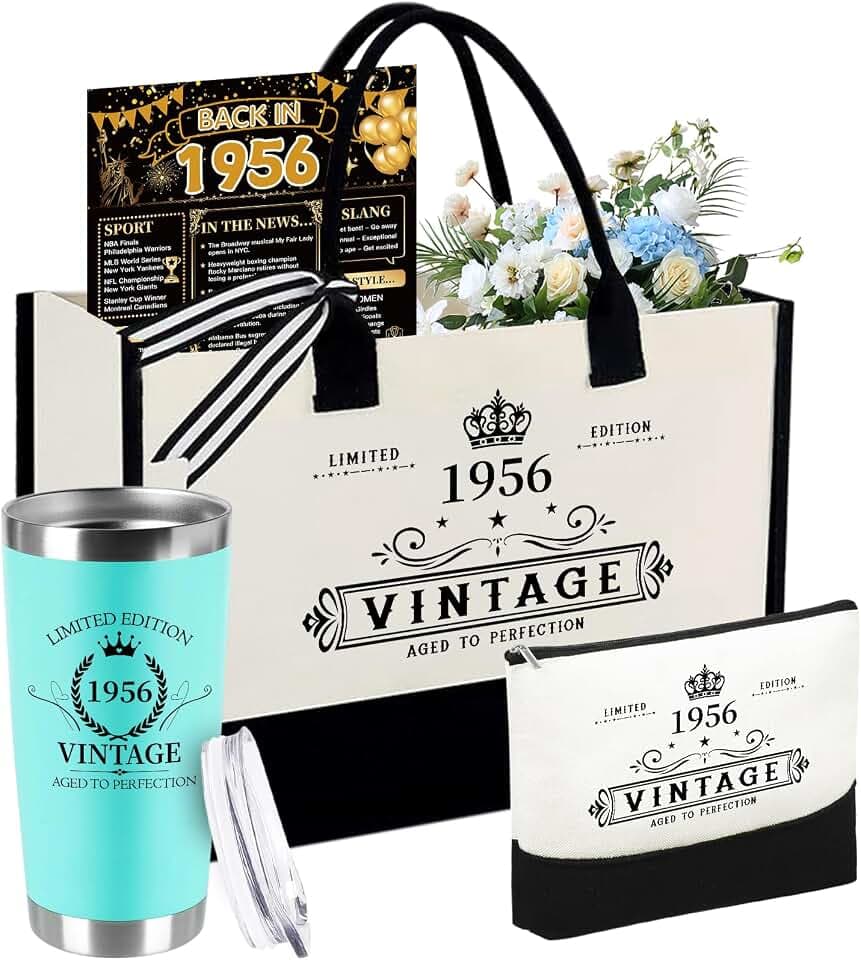 70th Birthday Gifts for Women Her- 4 pcs, Turning 70 Year Old Gifts, Decorations Canvas Beach Tote Bag & Makeup Bag, Unique Happy 70th Present for Her Mom Wife Friends