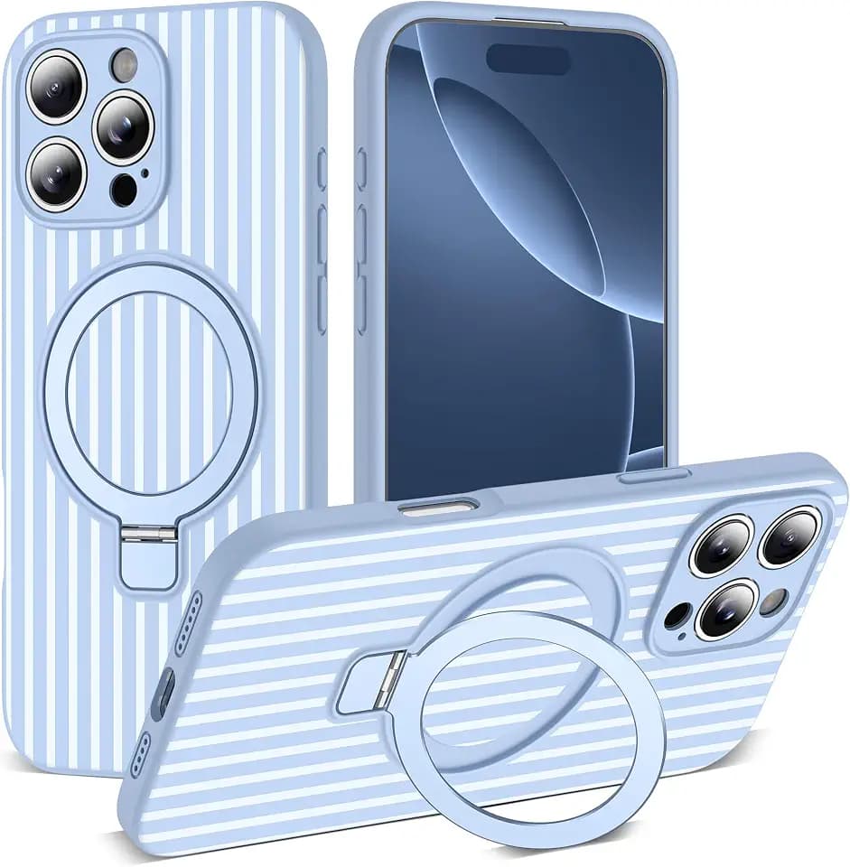 SKYLMW Striped Case for iPhone 16 Pro Max with Stand,6.9" Blue/White