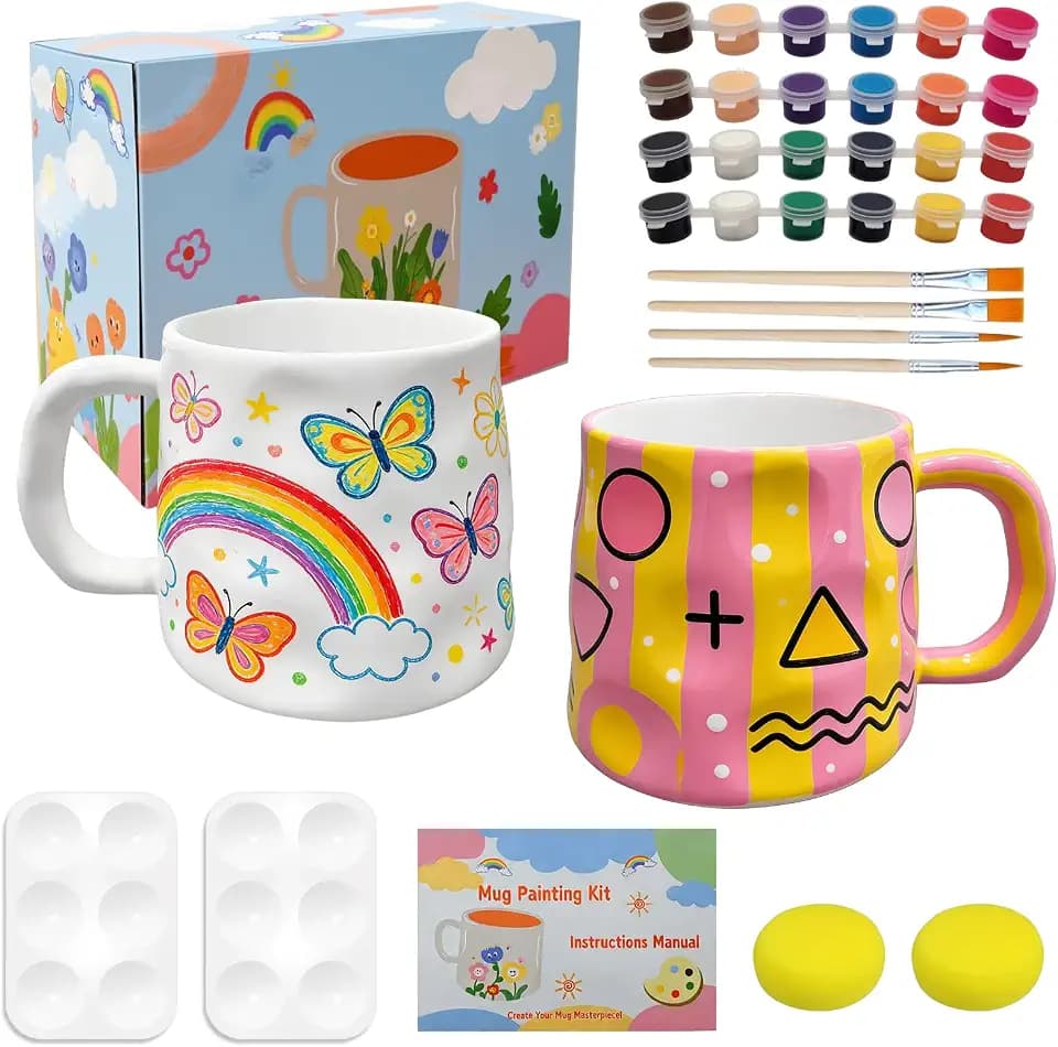 Keramik Bemalen Set, Keramikmalset, 2pcs Tassen Bemalen Set, DIY Keramik Malerei Kit Kreatives Geschenk für Erwachsene, Tassenmalset, Tassen, Pinsel, Farben, Farbwanne und Anleitung