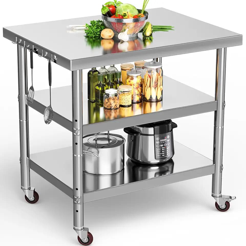 YITAHOME 36" X 24" Stainless Steel Table with Wheels, 3 Shelves